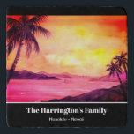 Tropical Beach Sunset Watercolor Farida Greenfield Trivet<br><div class="desc">Designed based on my watercolor painting of tropical beach sunset. A beautiful sunset scene with glorious orange and yellow sky and the view of the sea, boats and headlands receding on the background with silhouette of coconut trees on the foreground. The design has texts on the lower side which can...</div>