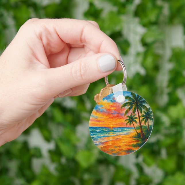 Tropical Beach Sunset Watercolor Key Ring (Hand)
