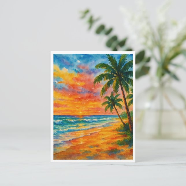 Tropical Beach Sunset Watercolor Postcard (Standing Front)
