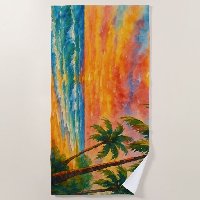Tropical Beach Sunset Watercolor Towel (Front)
