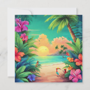 Tropical Beach Sunset with Hibiscus Flowers  Card