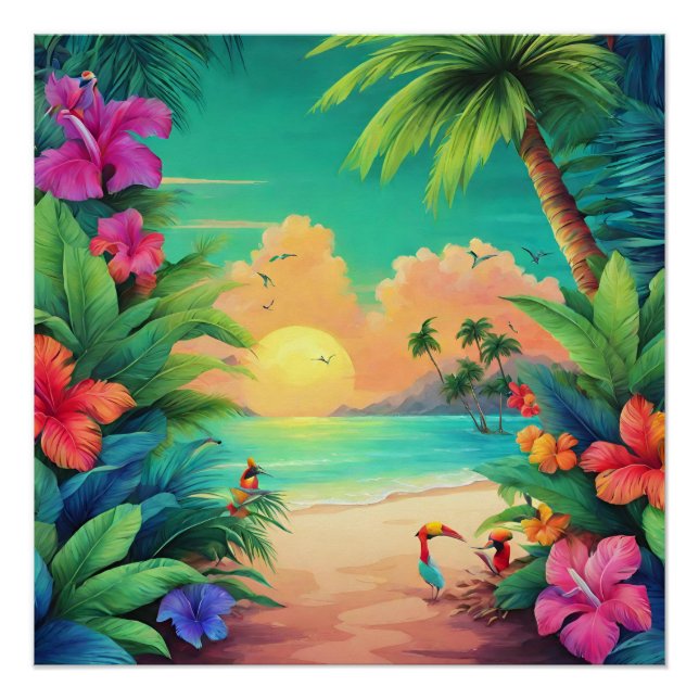 Tropical Beach Sunset with Hibiscus Flowers  Poster (Front)