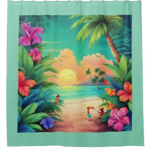 Tropical Beach Sunset with Hibiscus Flowers  Shower Curtain