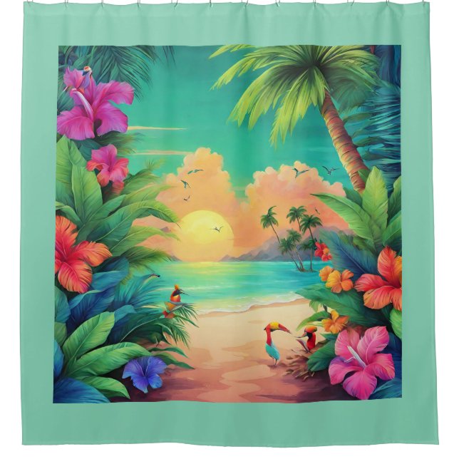 Tropical Beach Sunset with Hibiscus Flowers  Shower Curtain (Front)