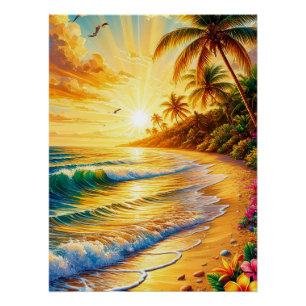 Tropical Beach Sunset With Palm Trees Poster