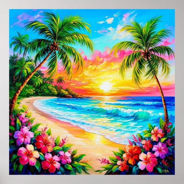 Tropical Beach Sunset with Palm Trees Poster (Front)