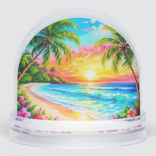 Tropical Beach Sunset with Palm Trees Snowglobe (Front)