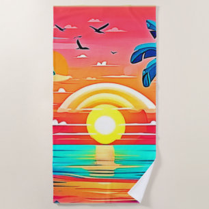 Tropical Beach Sunset with Rainbow Beach Towel