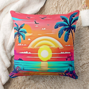 Tropical Beach Sunset with Rainbow Cushion