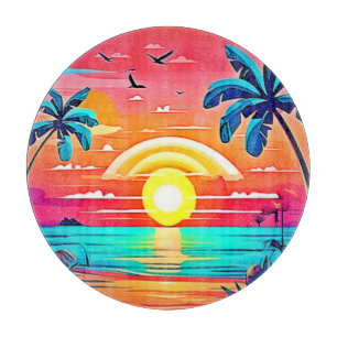 Tropical Beach Sunset with Rainbow Cutting Board