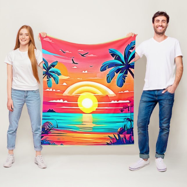Tropical Beach Sunset with Rainbow Fleece Blanket (In Situ)