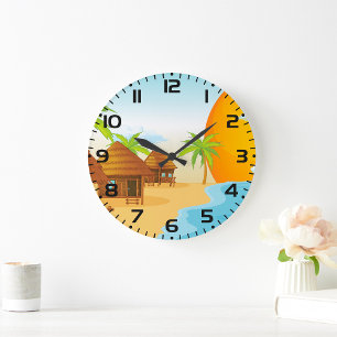 Tropical Beach Sunset with Thatched Huts  Large Clock