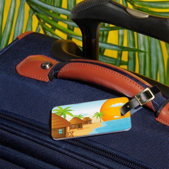 Tropical Beach Sunset with Thatched Huts  Luggage Tag (Creator Uploaded)