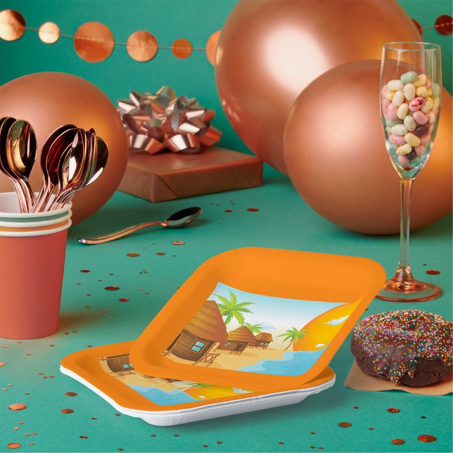 Tropical Beach Sunset with Thatched Huts  Paper Plate (Creator Uploaded)