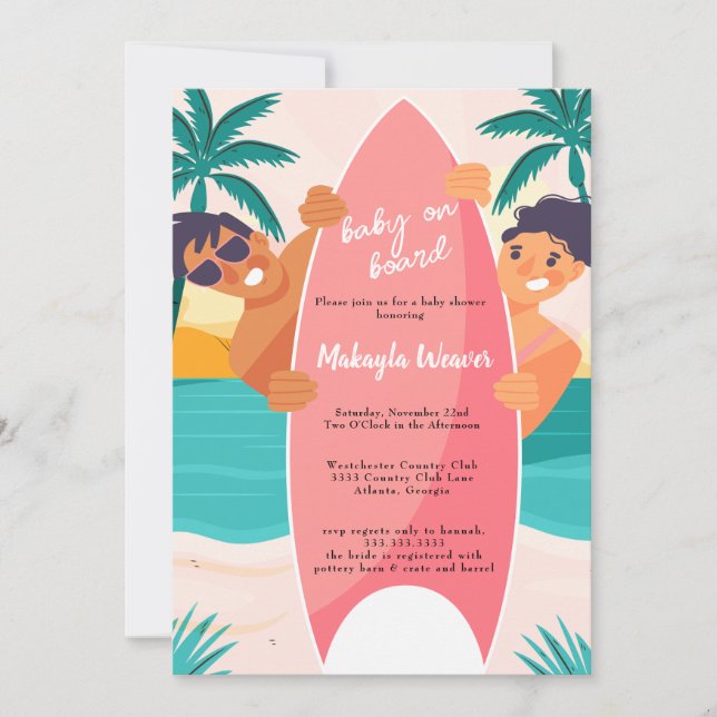 Tropical beach surfboard palm tree Baby Shower Inv Invitation (Front)