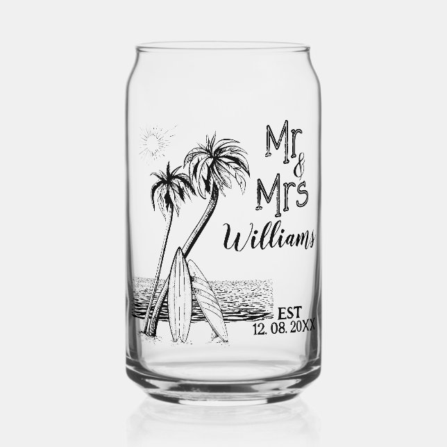 Tropical Beach Surfer Family Name Est  Mr And Mrs Can Glass (Front)