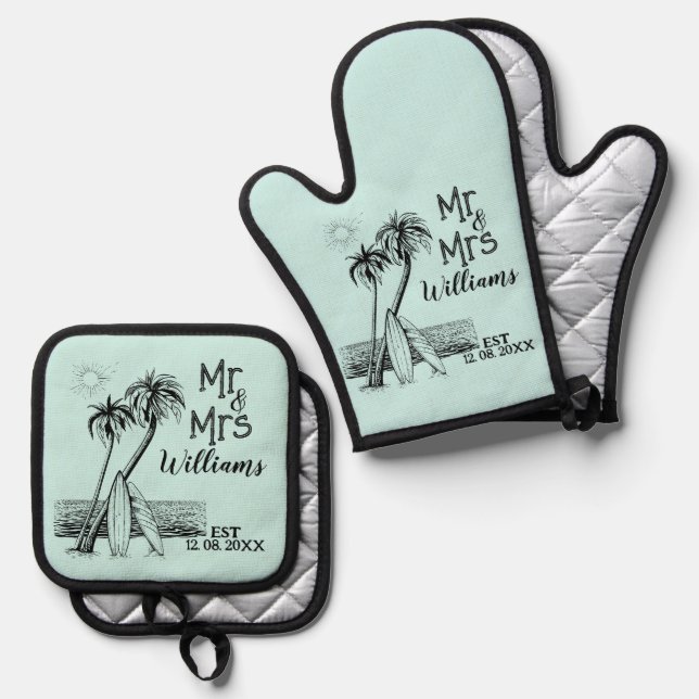 Tropical Beach Surfer Family Name Est Mr And Mrs Oven Mitt & Pot Holder Set (Front/Back)