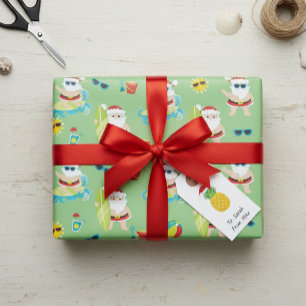 Tropical Beach Surfing Santa Cute Christmas Wrapping Paper
