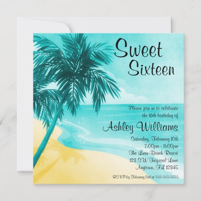 Tropical Beach Sweet 16 Birthday Party Invitations (Front)