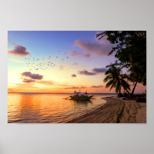 Tropical Beach Tahiti Island Sunset Poster (Front)