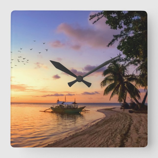 Tropical Beach Tahiti Island Sunset Square Wall Clock (Front)