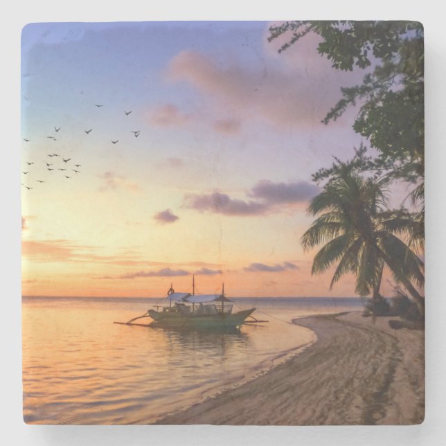 Tropical Beach Tahiti Island Sunset Stone Coaster (Front)