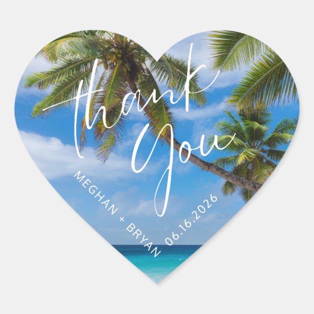 Tropical Beach Thank You Wedding Favour Heart Sticker (Front)