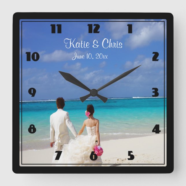Tropical Beach Themed Wedding Couple Square Wall Clock (Front)