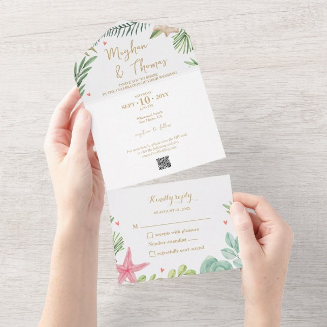 Tropical Beach Themed Wedding with QR Code RSVP All In One Invitation (Tearaway)
