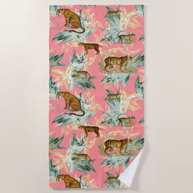 Tropical Beach Tiger Palm Trees in Soft Pink Beach Towel (Front)