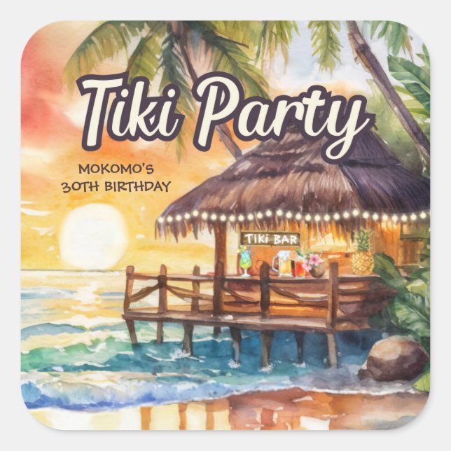 Tropical Beach Tiki Party Birthday Square Sticker (Front)