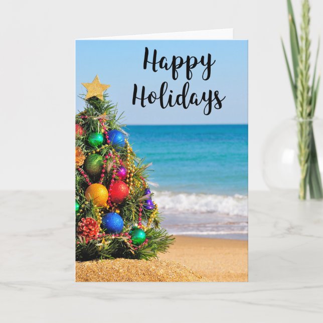 Tropical Beach Tree Happy Holidays Greeting Card (Front)
