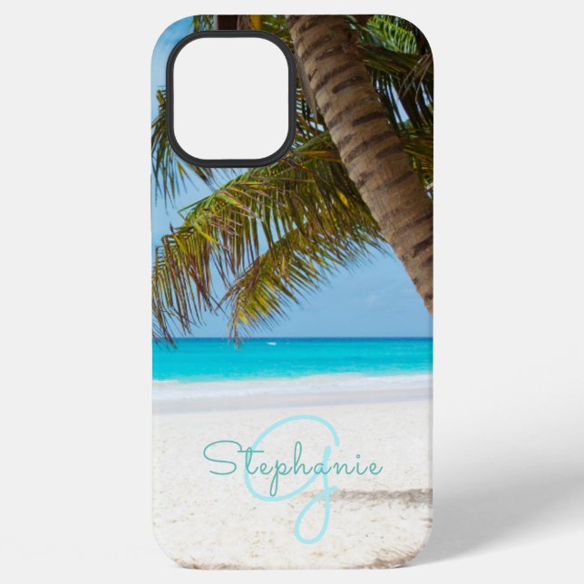 Tropical Beach Turquoise Monogram Palm Tree iPhone Case (Back)