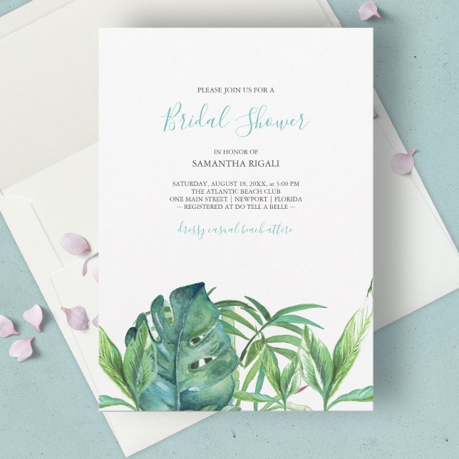 Tropical Beach Turquoise Palms Watercolor Bridal  (Tropical bridal shower invitations feature watercolor palm leaf art. )