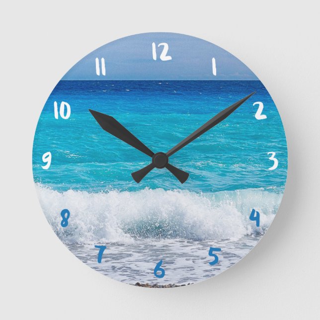 Tropical Beach Turquoise Water Blue Ocean Sea Foam Round Clock (Front)