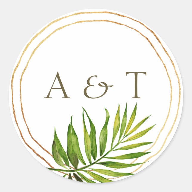 Tropical Beach Twilight | Palm Leaf Gold Rings Classic Round Sticker (Front)