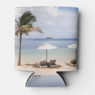 Tropical beach umbrellas: white, palm. can cooler