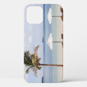 Tropical beach umbrellas: white, palm. iPhone 12 case