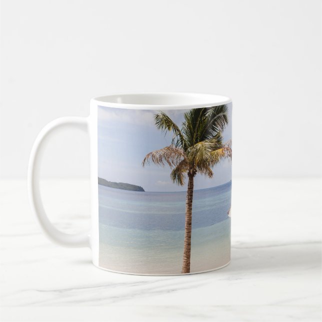 Tropical beach umbrellas: white, palm. coffee mug (Left)