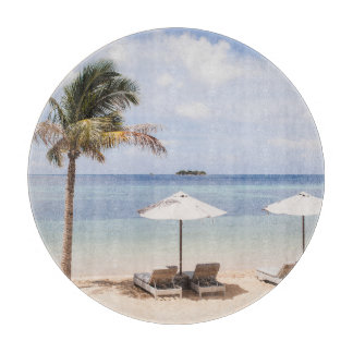 Tropical beach umbrellas: white, palm. cutting board