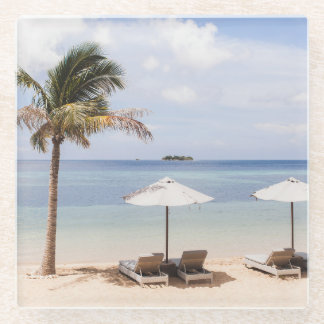 Tropical beach umbrellas: white, palm. glass coaster