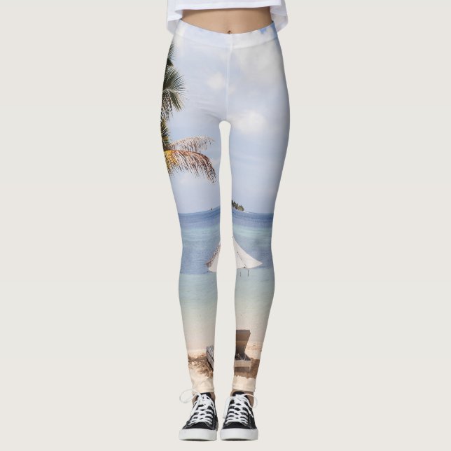 Tropical beach umbrellas: white, palm. leggings (Front)