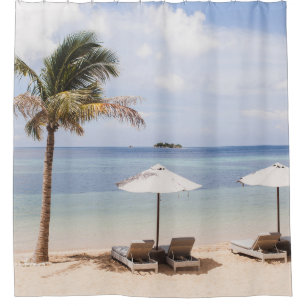 Tropical beach umbrellas: white, palm. shower curtain