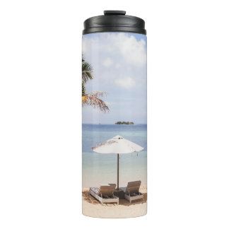Tropical beach umbrellas: white, palm. thermal tumbler