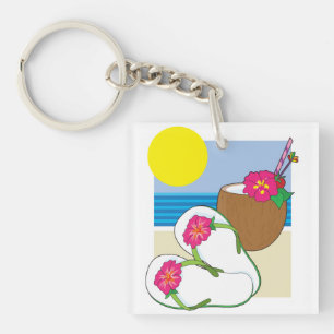Tropical Beach Vacation Coconut Flowers Flip Flops Key Ring