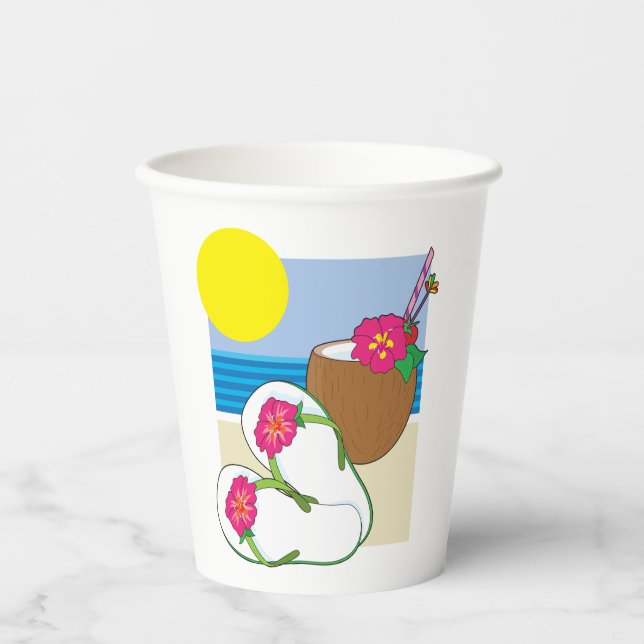 Tropical Beach Vacation Coconut Flowers Flip Flops Paper Cups (Front)