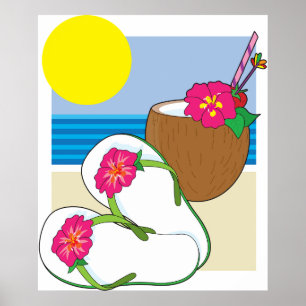 Tropical Beach Vacation Coconut Flowers Flip Flops Poster