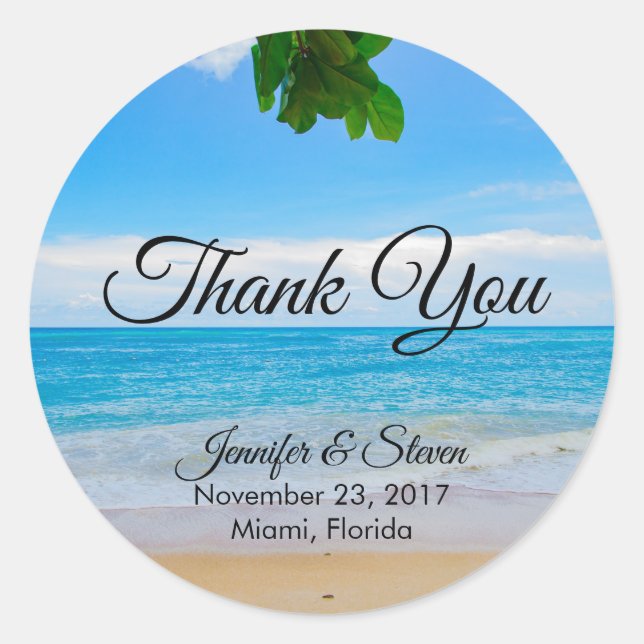 Tropical Beach Vacation Island Wedding Thank You Classic Round Sticker (Front)