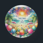 Tropical Beach Vibe Christmas In July  Paper Plate<br><div class="desc">Break up the summer months by hosting a Christmas in July gathering. Use the tropical beach vibe paper plate for your holiday in July festivities. The design features sandy beach, palm trees, Christmas ornaments, and a strand of Christmas lights. You can buy this artwork as shown on the paper plate...</div>