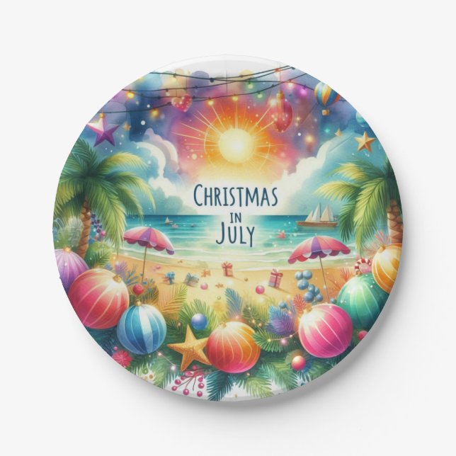 Tropical Beach Vibe Christmas In July  Paper Plate (Front)